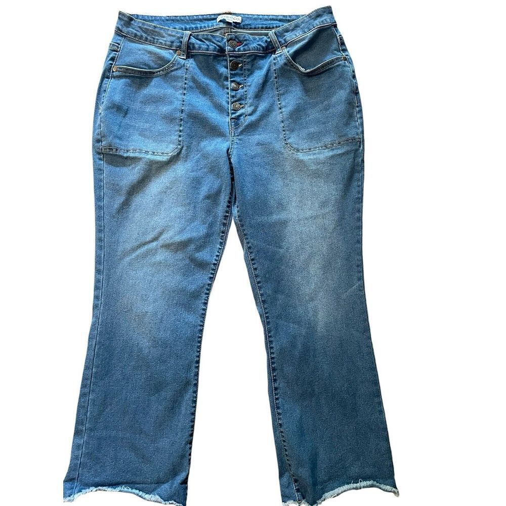 Frye and Co Flare Jeans Women 18 Blue Button Fly Raw Hem High Rise Western Retro
